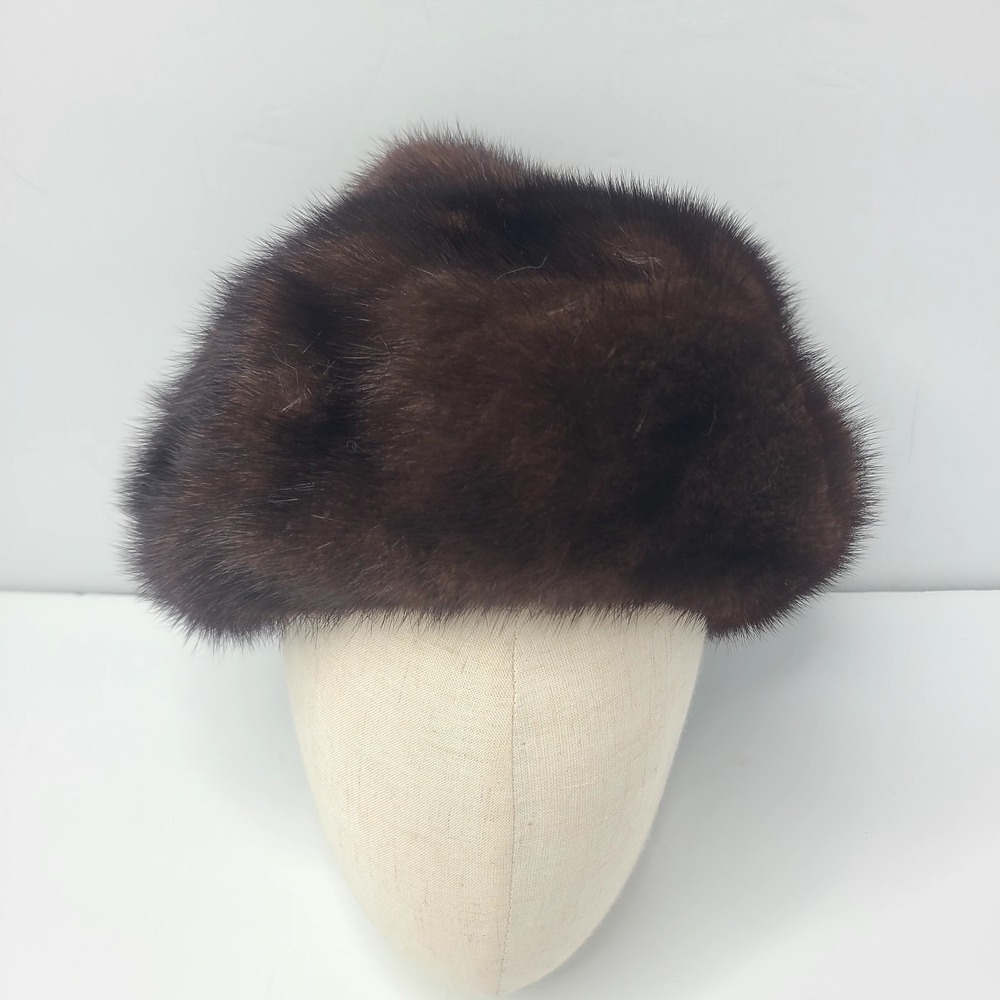 Vtg 60s Sears Real‎ Mink Fur Pillbox Hat Dark Brown Cossack Winter Mob Wife